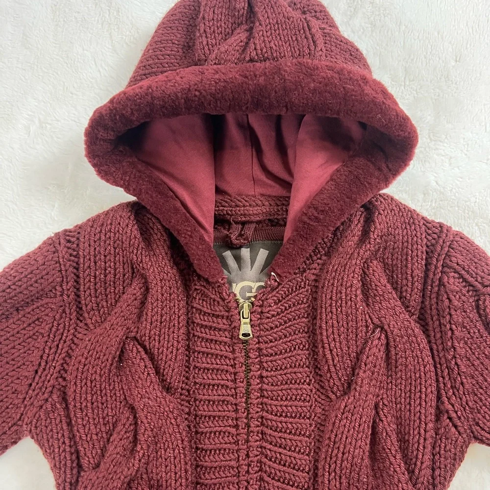 UGG Australia Lamb Trim & Merino Wool Cable Knit Hooded Cardigan - Picture 2 of 11